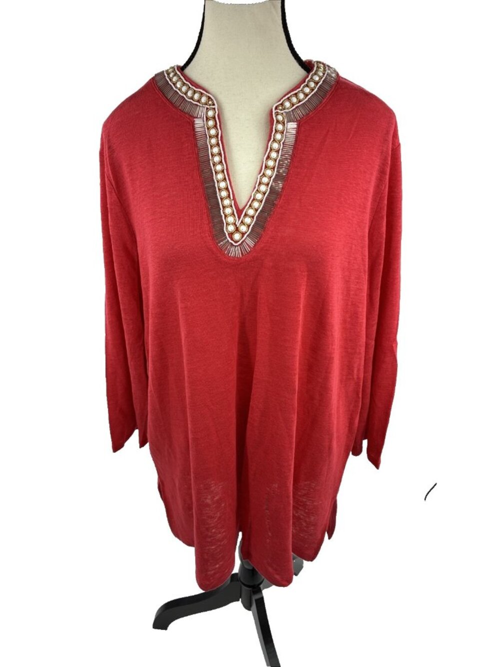 Chicos Womens Linen Tunic Top Beaded Neck Boho Red XL Lightweight